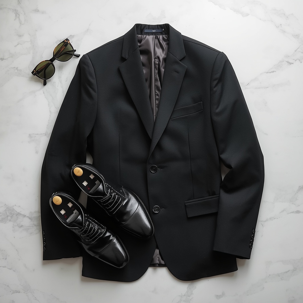 Minimalist fashion flat lay with tailored blazer, leather shoes, watch, and sunglasses on marble surface, editorial style, no people